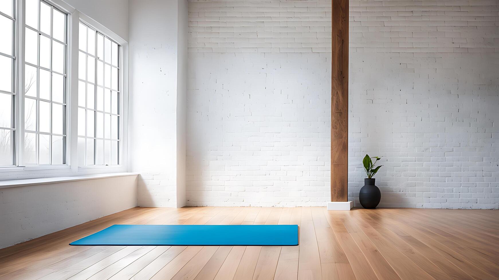 A serene yoga space with a blue mat, natural light, and a plant, evoking calmness and focus photo