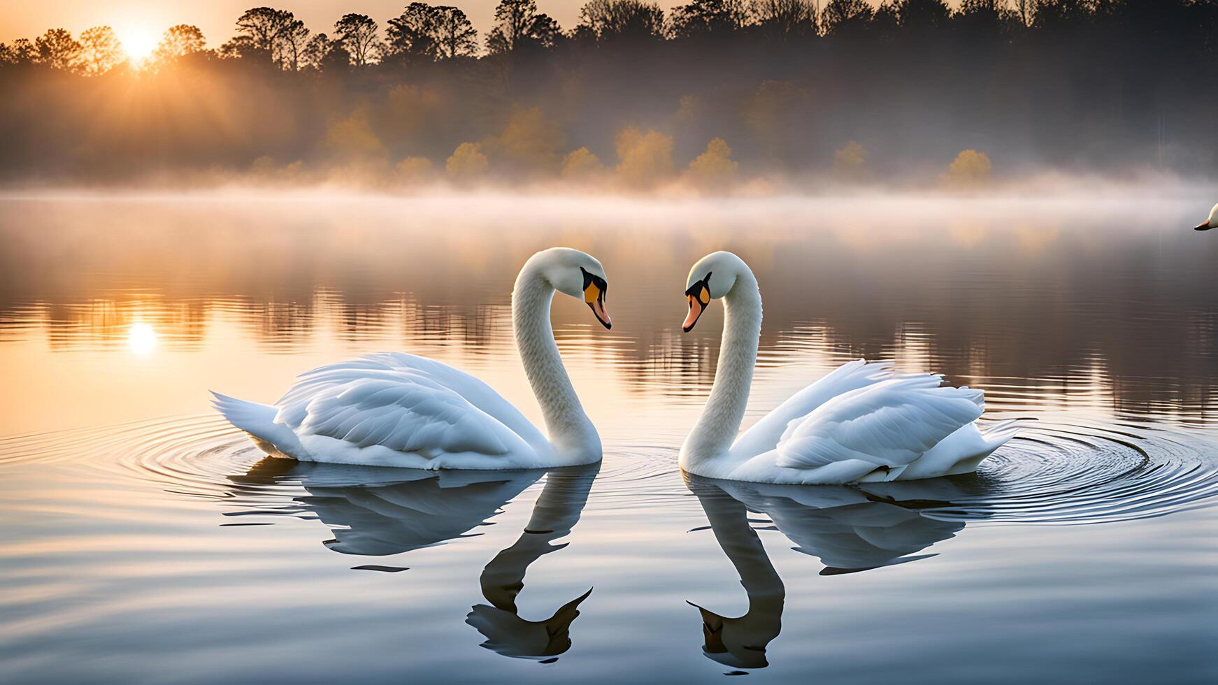 Two white swans on the lake at sunrise. Beautiful swans swimming on the lake at sunrise. photo