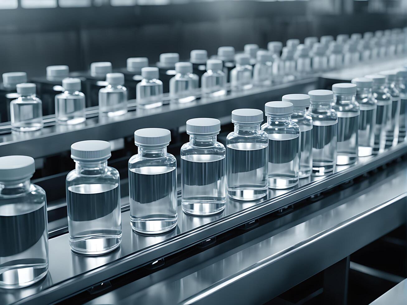 Covid-19 vaccine bottles on conveyor belt in medical laboratory photo