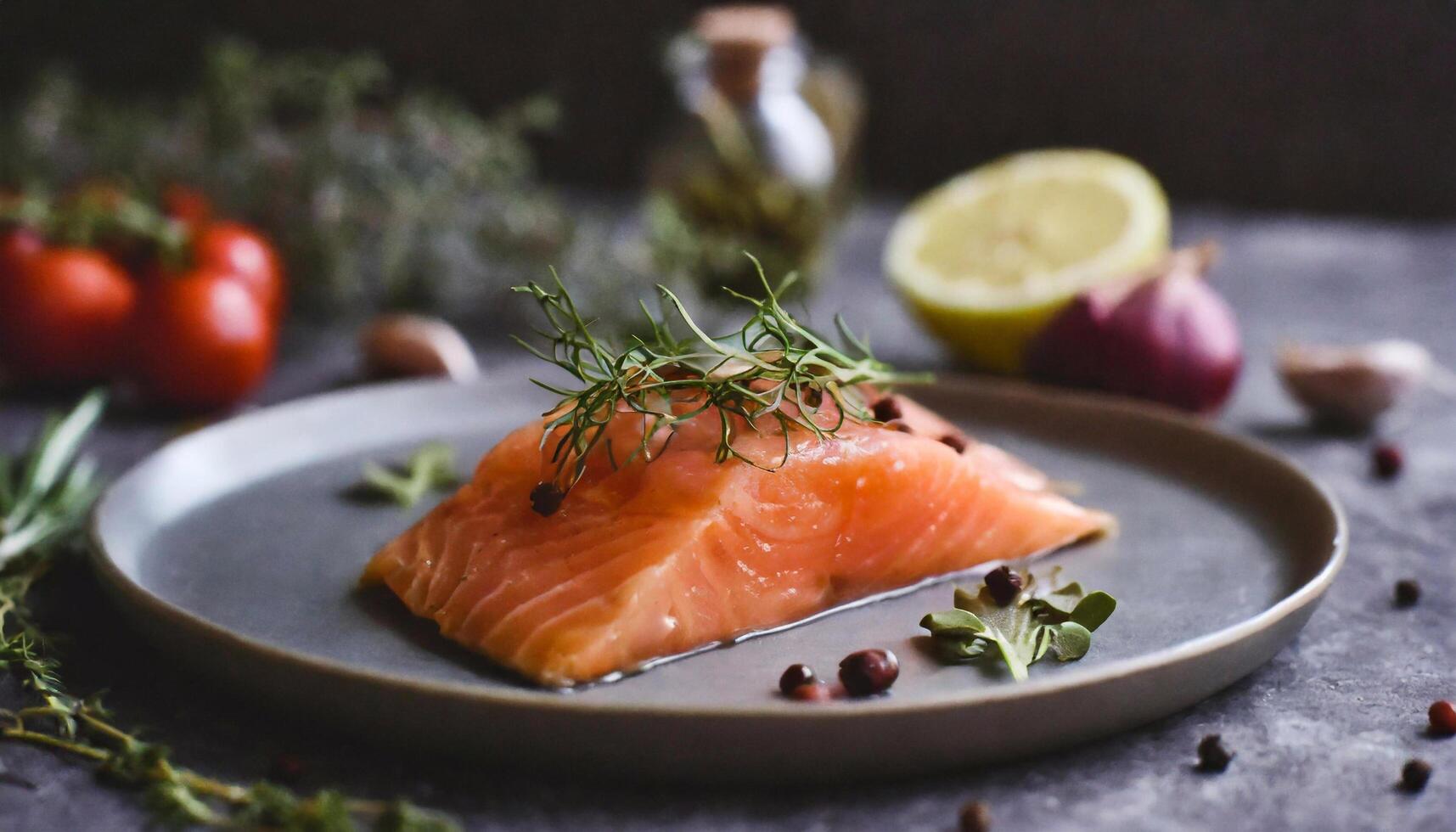 salmon vegetables herbs plate food dark background photo