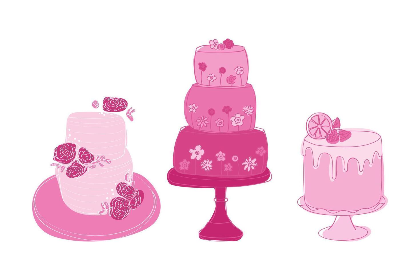 Three assorted cakes, each with a unique design and flavor. The cakes vary in size, shape, and toppings, showcasing a variety of dessert options vector