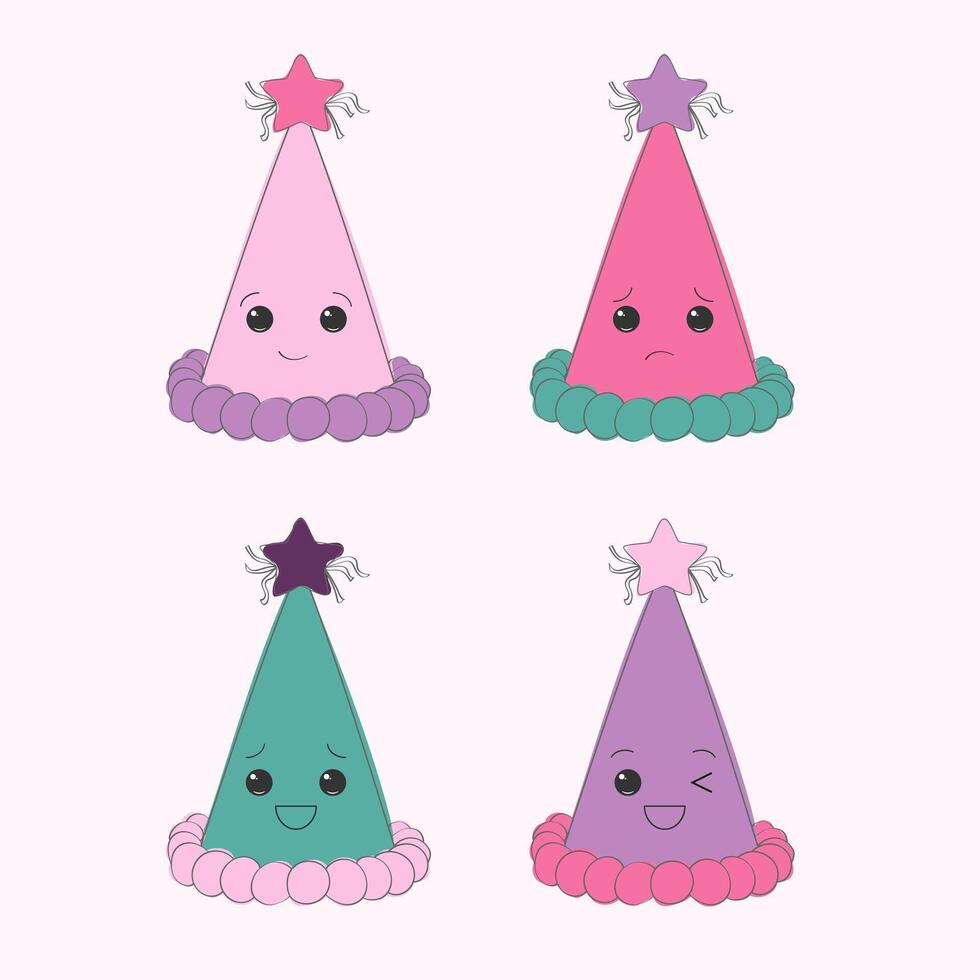A set of four colorful party hats, each adorned with a unique facial expression. These hats showcase different emotions and personalities, adding a playful touch to any celebration vector