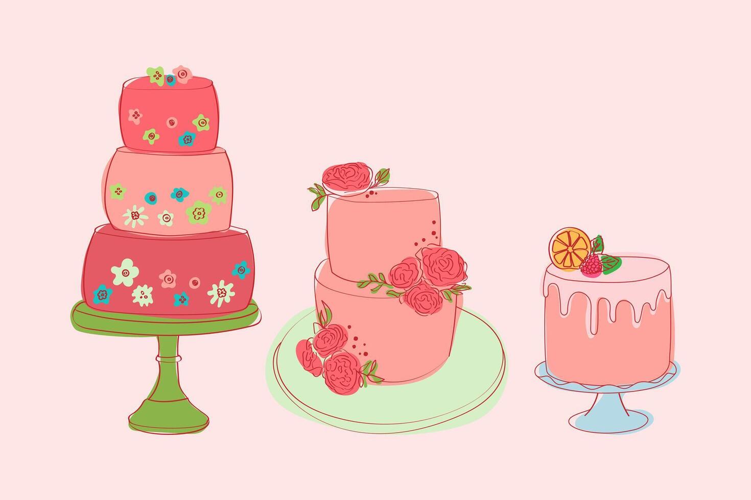 Tres pasteles de variar sabores y diseños cada pastel es único en apariencia, exhibiendo un variedad de colores, texturas, y decoraciones vector