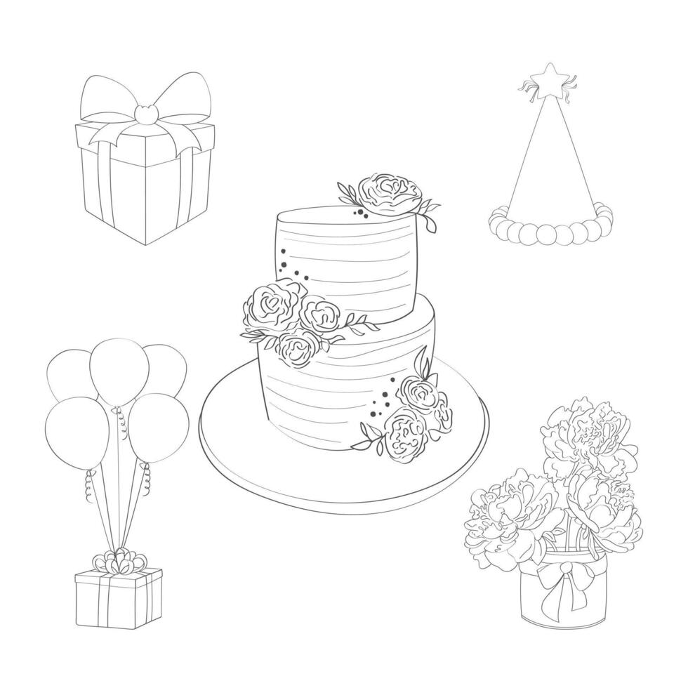 A detailed drawing showcasing a wedding cake adorned with intricate designs and surrounded by various wrapped gifts vector