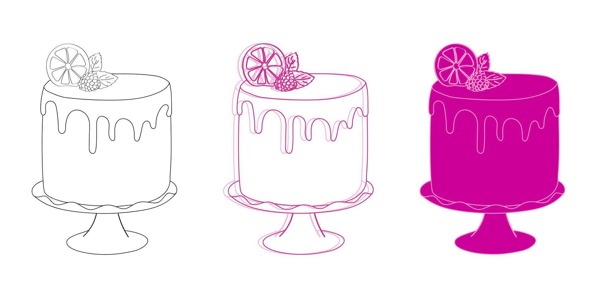 Three cakes with distinct toppings are displayed in this drawing. Cakes are artistically illustrated vector