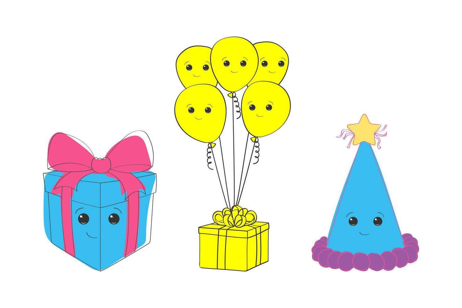 A festive birthday card featuring colorful emoticon balloons, a wrapped gift box, and a shiny star against a bright background. The balloons are floating, the emoticon gift box is ribbon-tied vector
