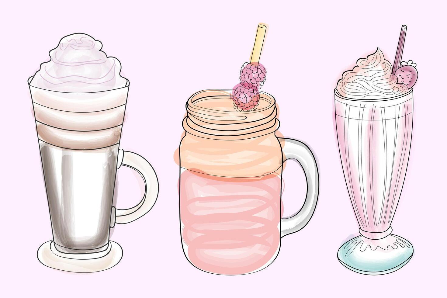 Each in a separate glass, three beverages are displayed on a bright pink surface. The drinks vary in color and type, adding visual interest to the composition vector