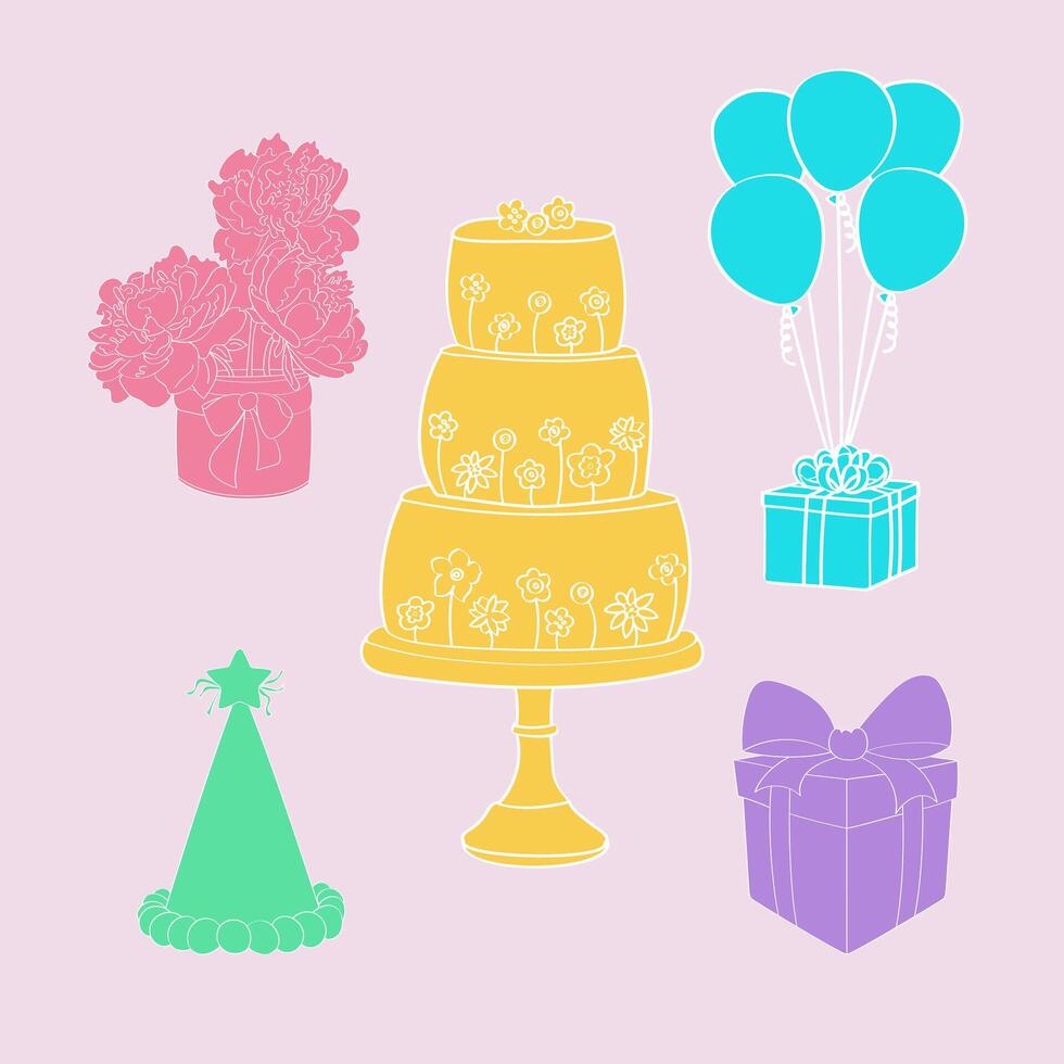 un cumpleaños tarjeta mostrando un vistoso pastel con iluminado velas y festivo globos en el antecedentes. el pastel es decorado con Formación de hielo y asperja vector