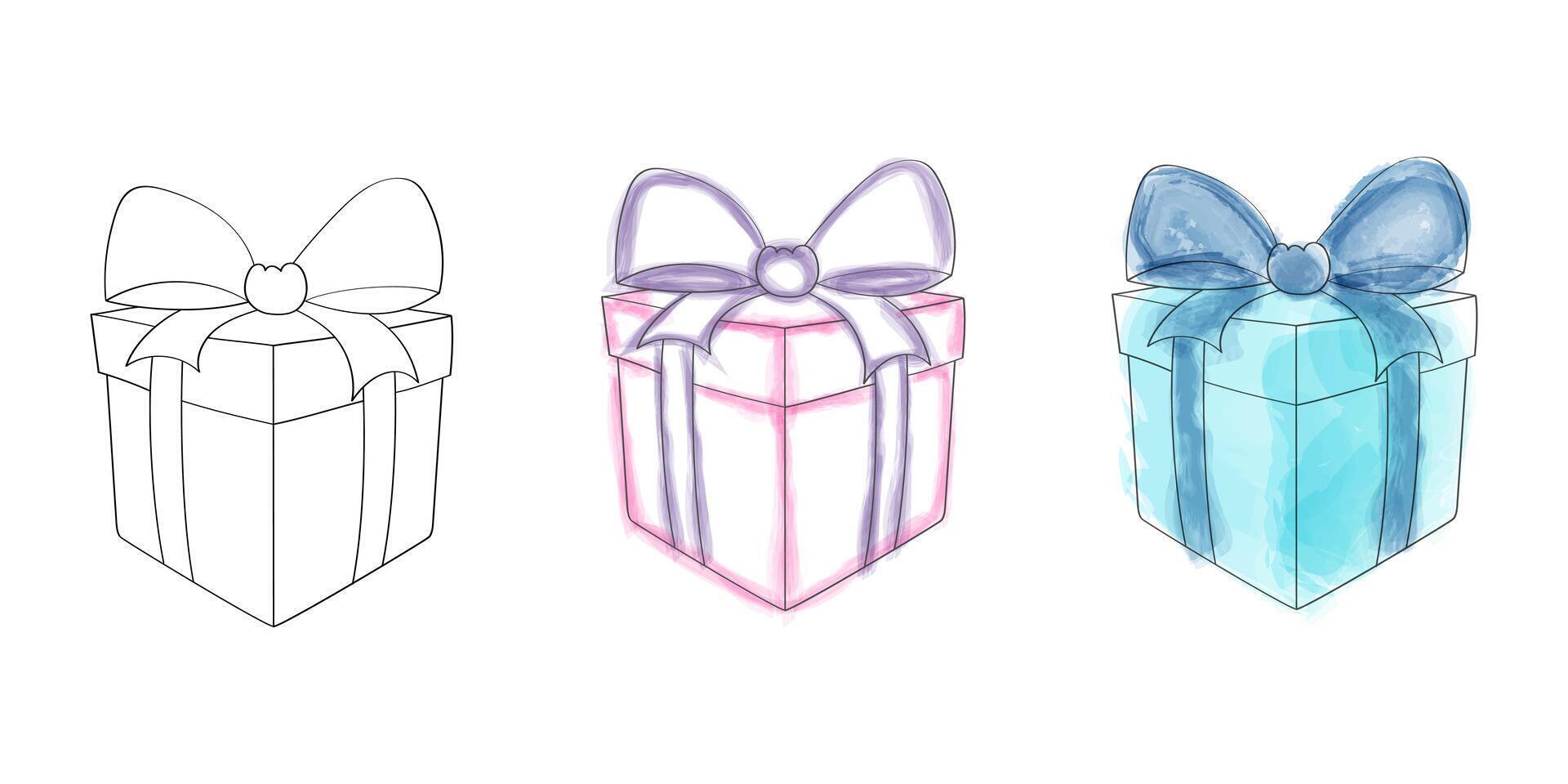 Three boxes of varying colors, each adorned with a vibrant bow on top. The boxes are neatly arranged, showcasing the different hues and sizes vector