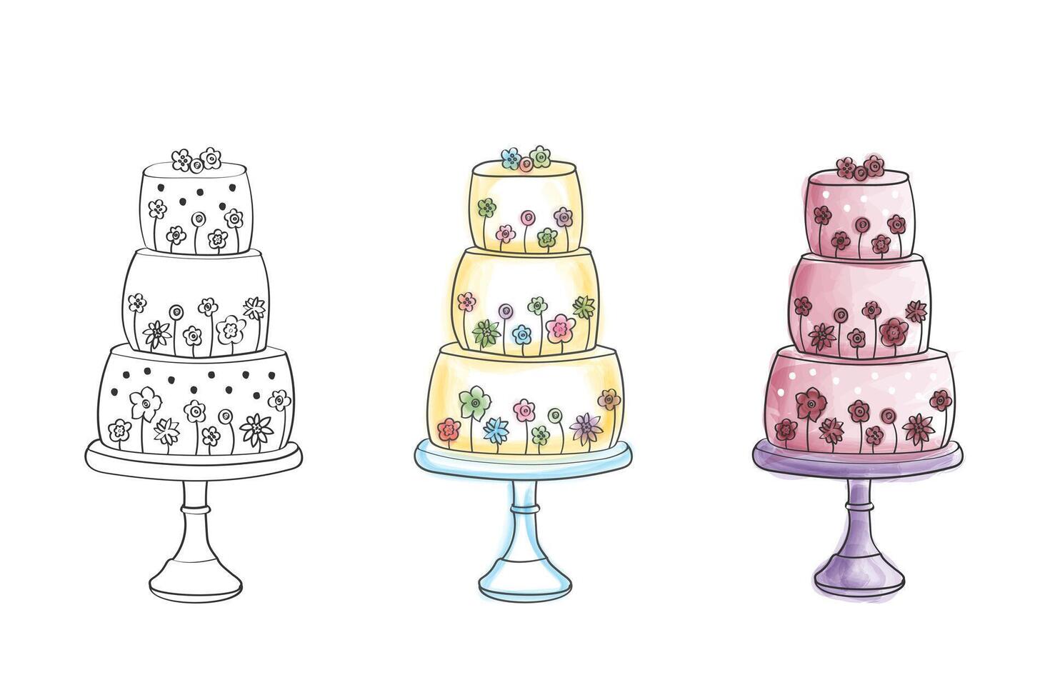 A drawing featuring three distinct types of cakes, each showcasing unique designs and decorations. The cakes vary in size, shape, and toppings, highlighting the diversity in cake making vector