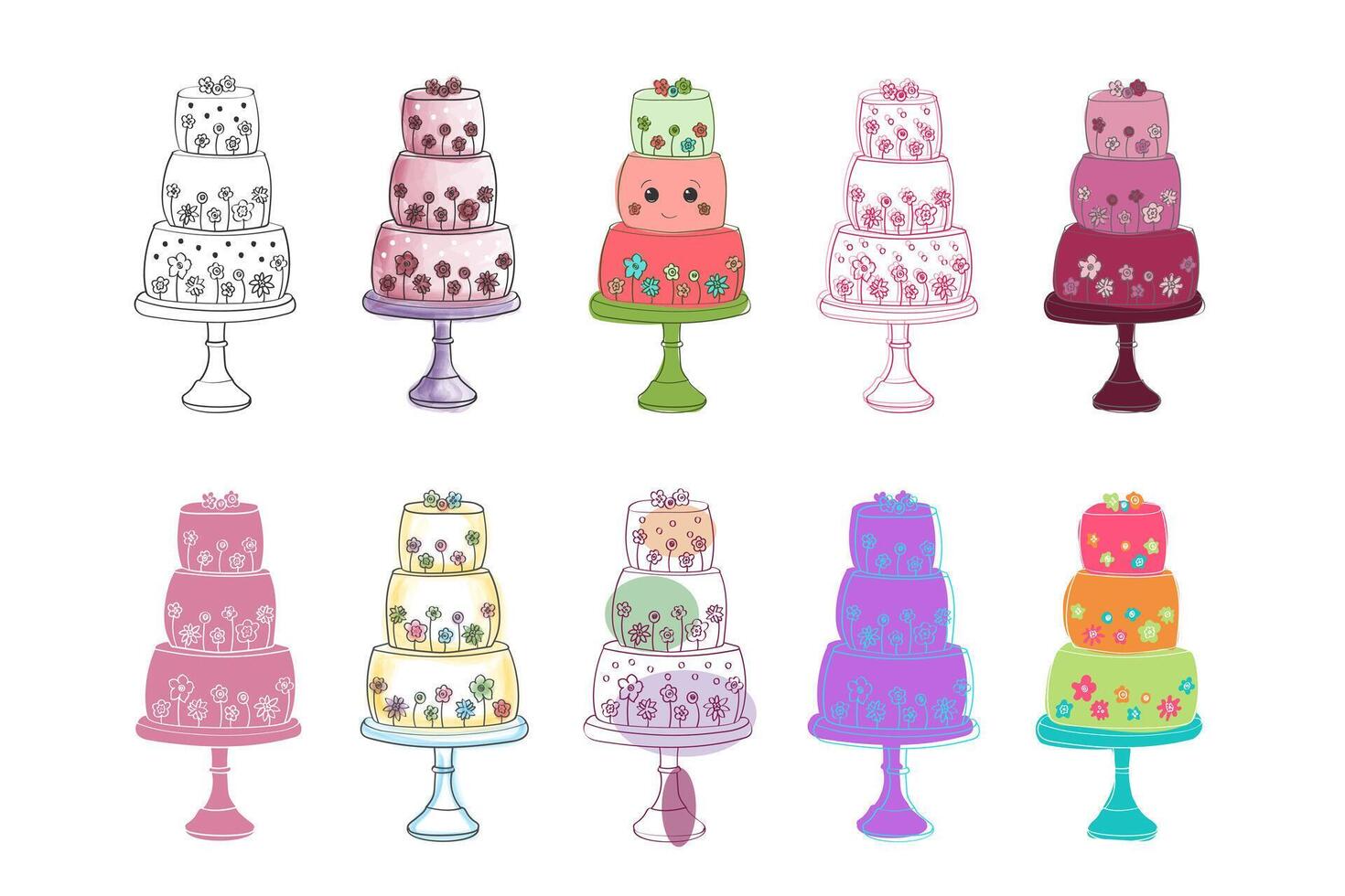 A variety of differently colored cakes is arranged neatly on a plain white background. Each cake is unique in color and design, creating a vibrant and visually appealing display vector