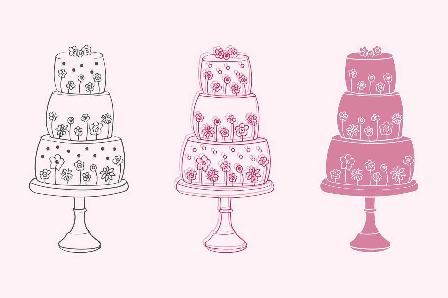 Three elaborately decorated tiered cakes are placed on a table, showcasing different designs and flavors. The cakes are carefully crafted with layers of frosting and intricate details vector