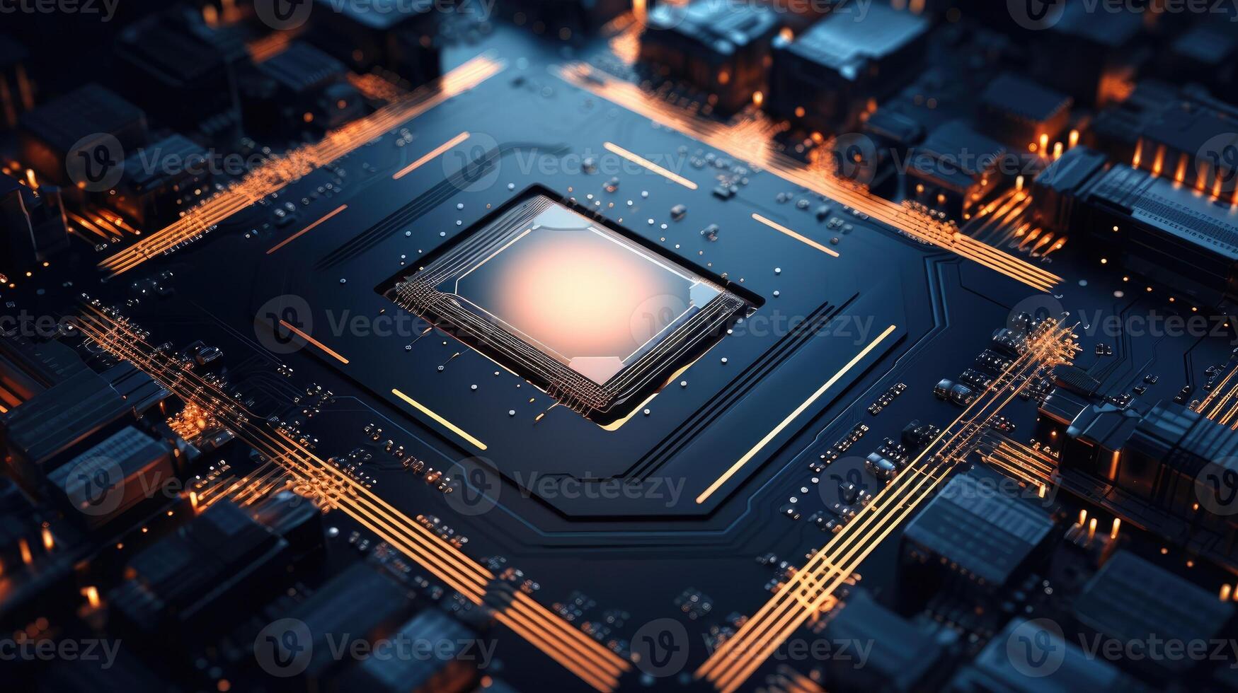 Computer motherboard with CPU. Circuit board system chip with core processor. Computer technology background. photo