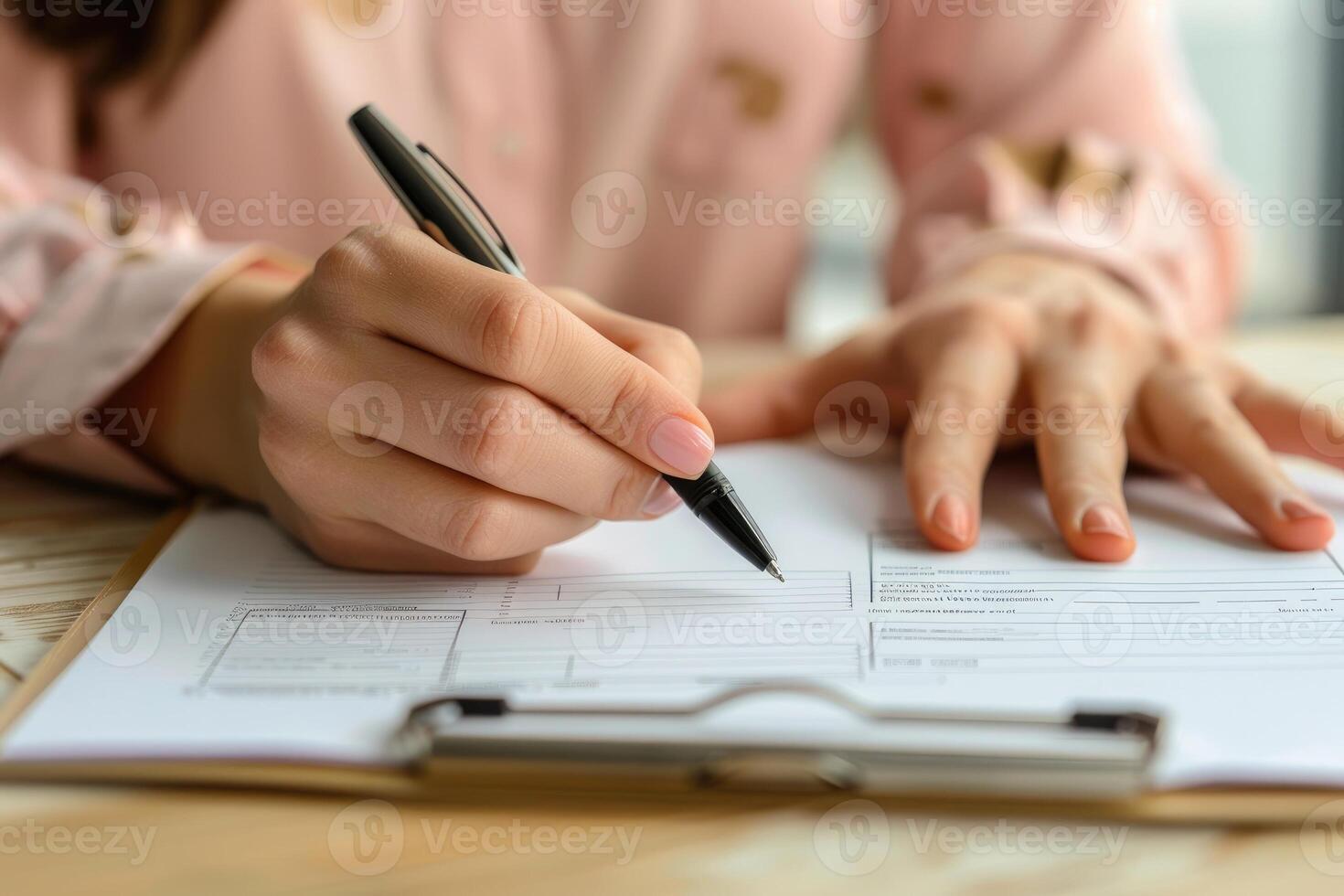 Close up of a female hand holding a pen and filling in form photo
