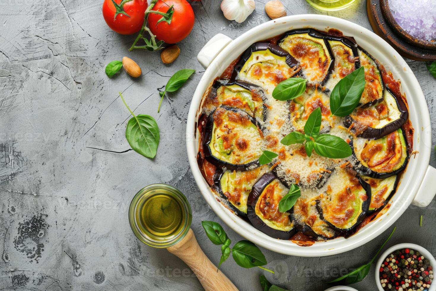 Eggplant casserole with cheese and tomato sauce in a white baking dish on a gray background with ingredients for cooking. Vegetarian healthy food photo