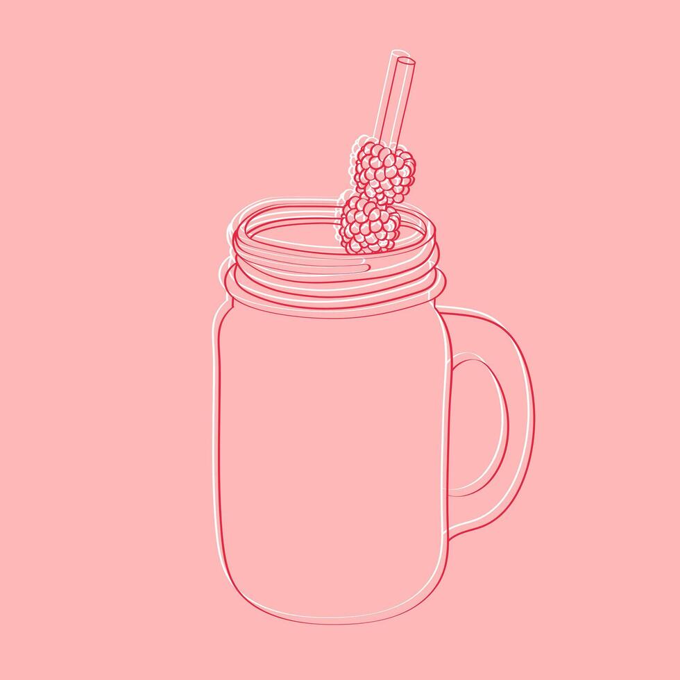 A mason jar sits on a pink background, filled with vibrant red raspberries. The ripe fruits contrast beautifully against the soft pastel backdrop vector