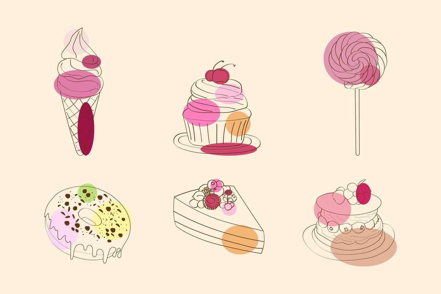 A variety of cakes and lollipops are arranged in a display, showcasing different flavors, colors, and designs. From classic vanilla cakes to chocolate lollipops vector