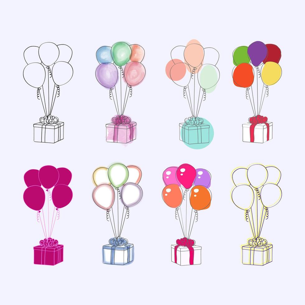 A collection of vibrant balloons, varying in size and color, soaring high in the sky. The balloons are buoyant, gracefully drifting upwards vector