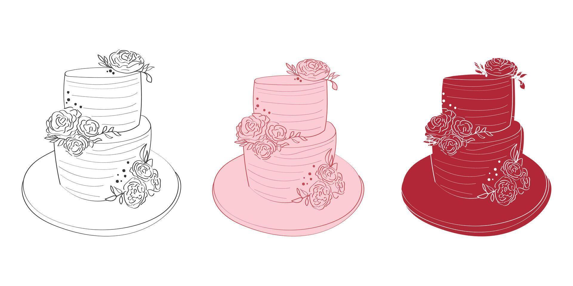 Three distinct wedding cakes of varied designs and flavors are displayed on a clean white background. Each cake has unique decorations and colors catering to different preferences and themes vector