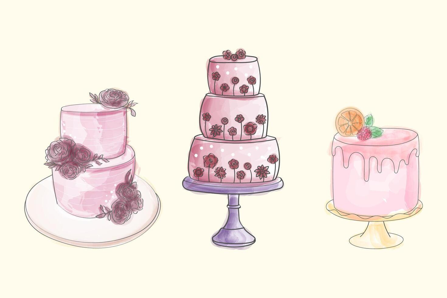 Three different types of cakes are depicted in this drawing. Each cake is uniquely designed, showcasing a variety of flavors, toppings, and decorations vector