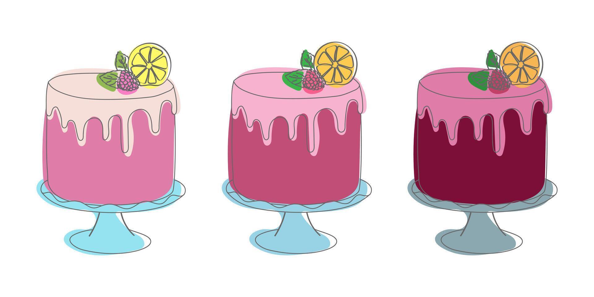 Tres pasteles de diferente variedades son desplegado con Fresco limón rebanadas en cima. cada pastel vitrinas un único diseño y sabor, acentuado por vibrante amarillo agrios frutas vector