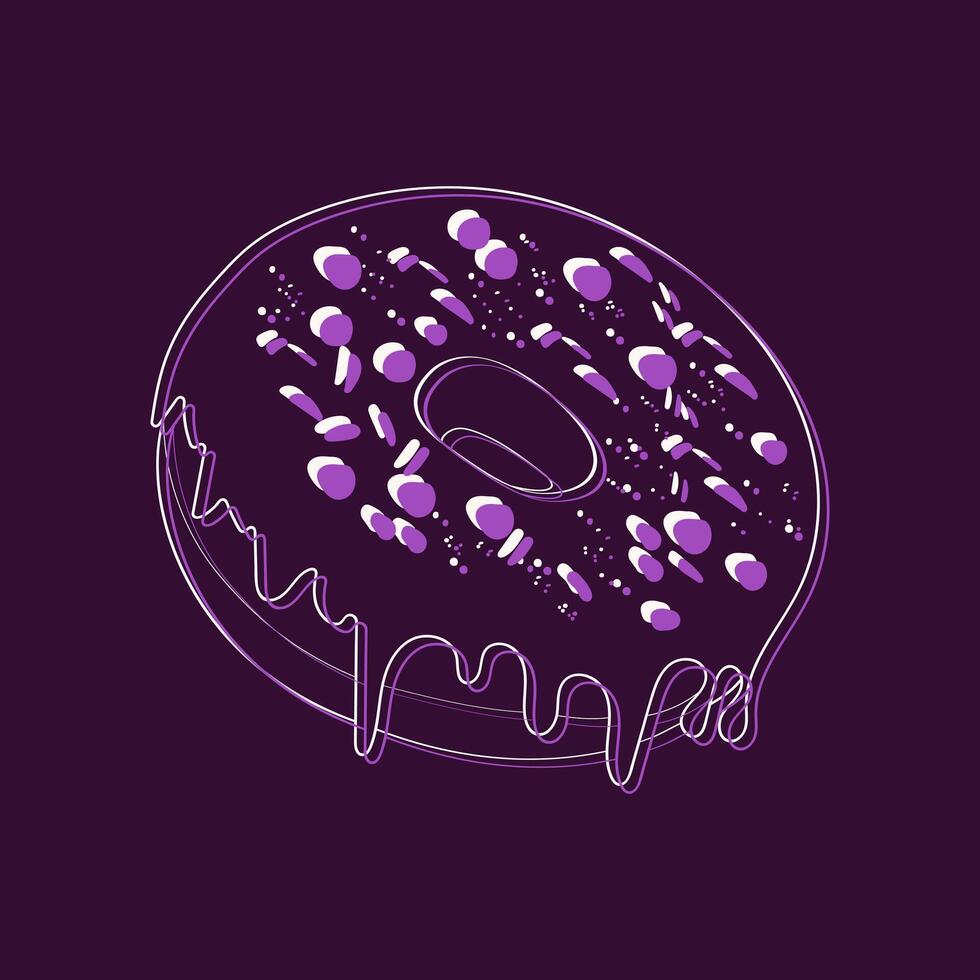 A single purple doughnut with colorful sprinkles is arranged neatly on a purple background. The doughnut covered in a smooth purple glaze and topped with an assortment of sprinkles vector