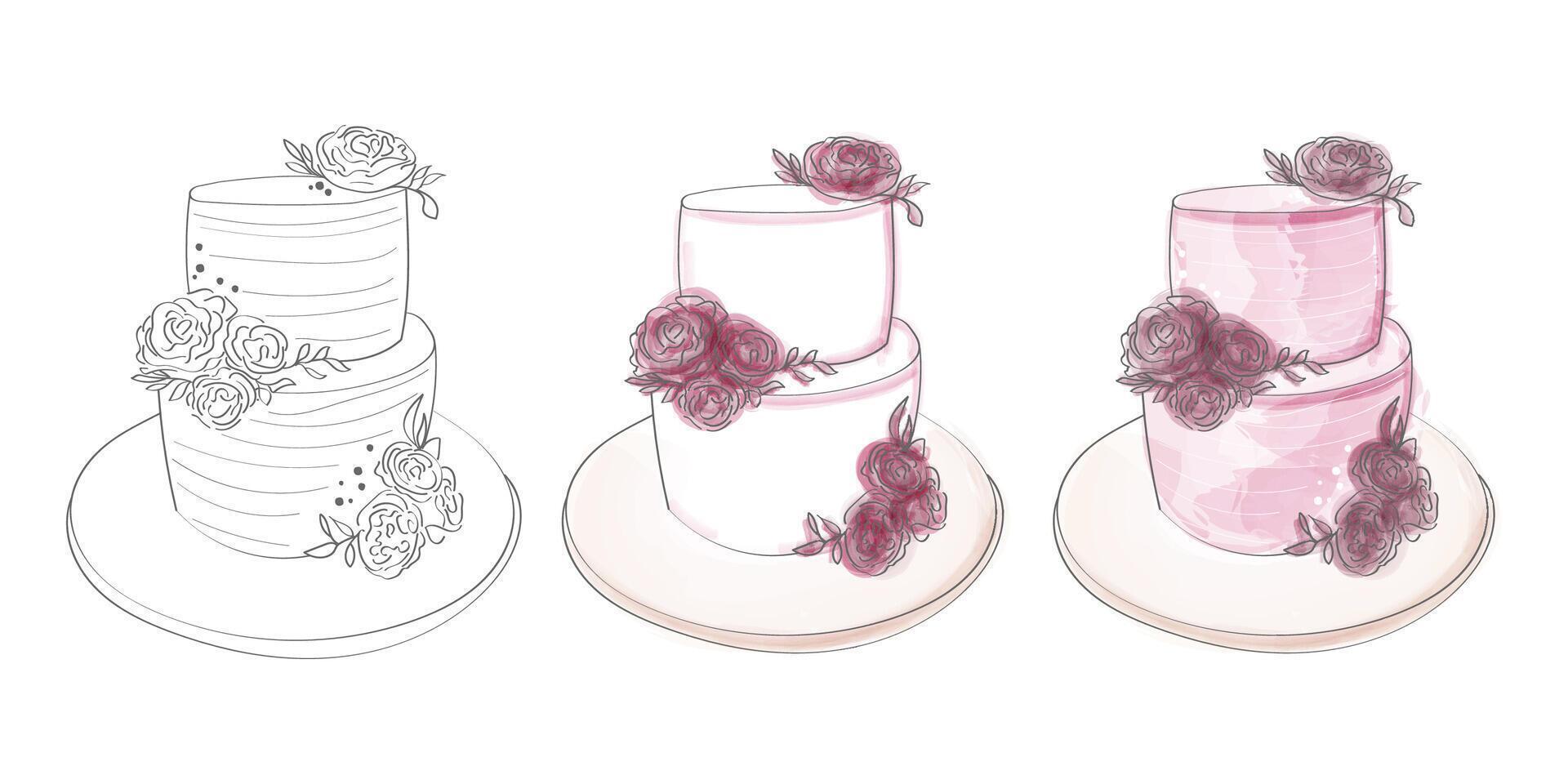 A detailed drawing featuring three distinct types of cakes, each showcasing its unique design elements and flavors vector
