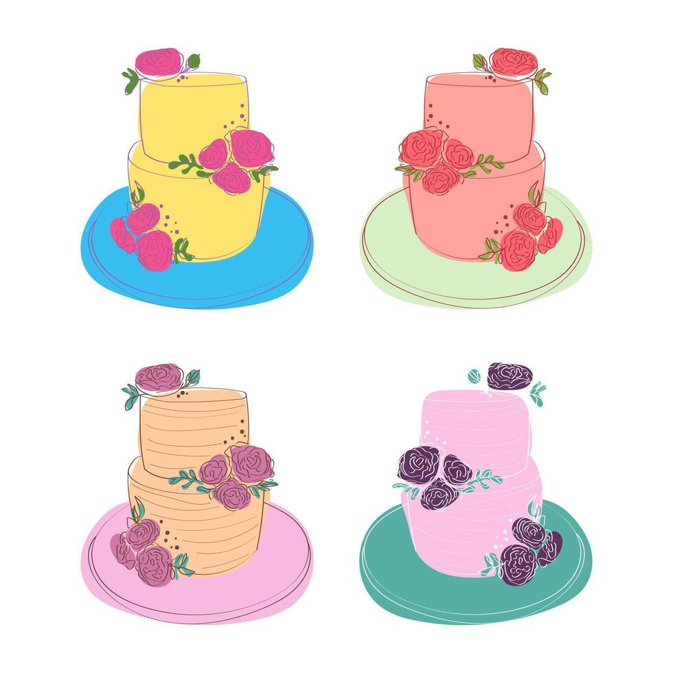 Four distinct types of cakes are displayed on individual plates against a white background. Each cake showcases unique flavors and designs, creating a visually interesting and enticing display vector