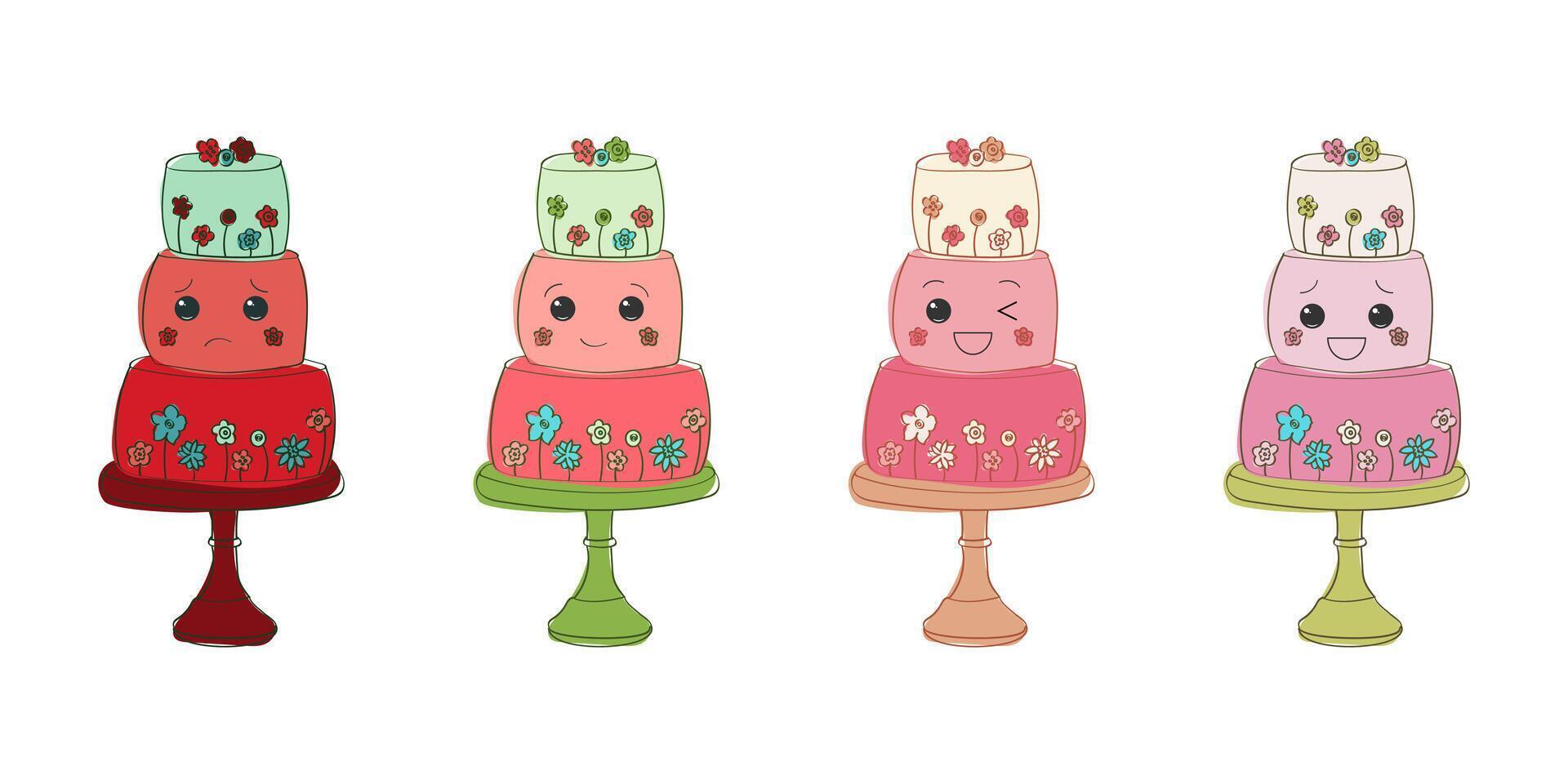 Four cakes are neatly arranged on white, each featuring hand-drawn faces. The faces vary in expressions, from smiling to silly, adding a playful touch to the sweet treats vector