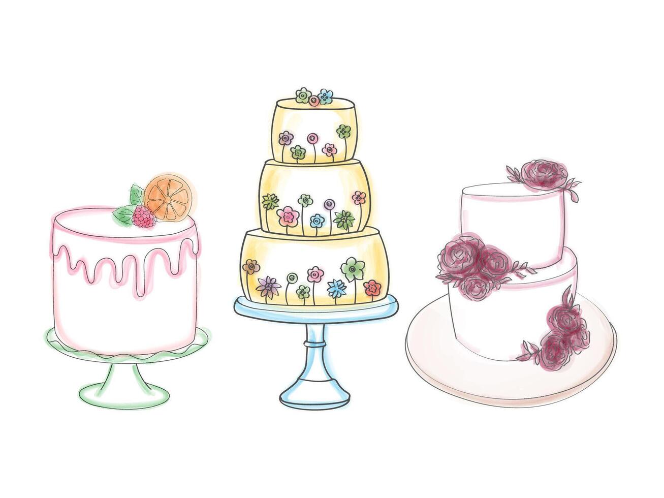 The drawing depicts three distinct types of cakes, showcasing the variety in design, shape, and decorations. Each cake is uniquely presented, highlighting their differences in style and flavor vector