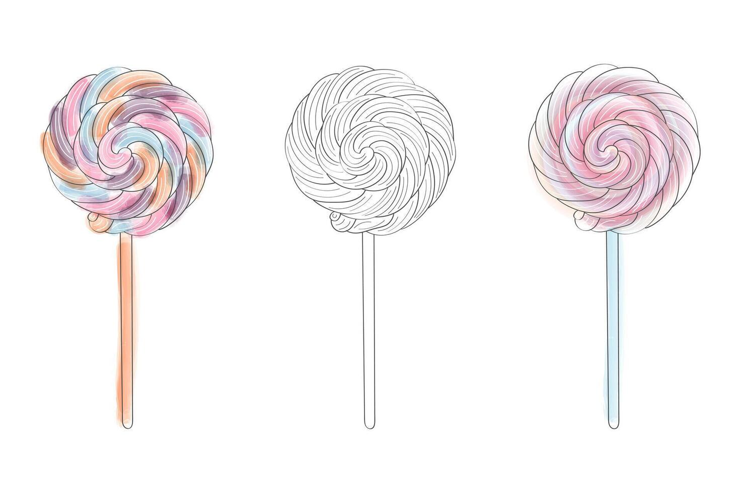 Three colorful lollipops are neatly lined up in a straight row, creating a visually appealing pattern. Each lollipop features a different flavor and unique swirl design on its round candy surface vector