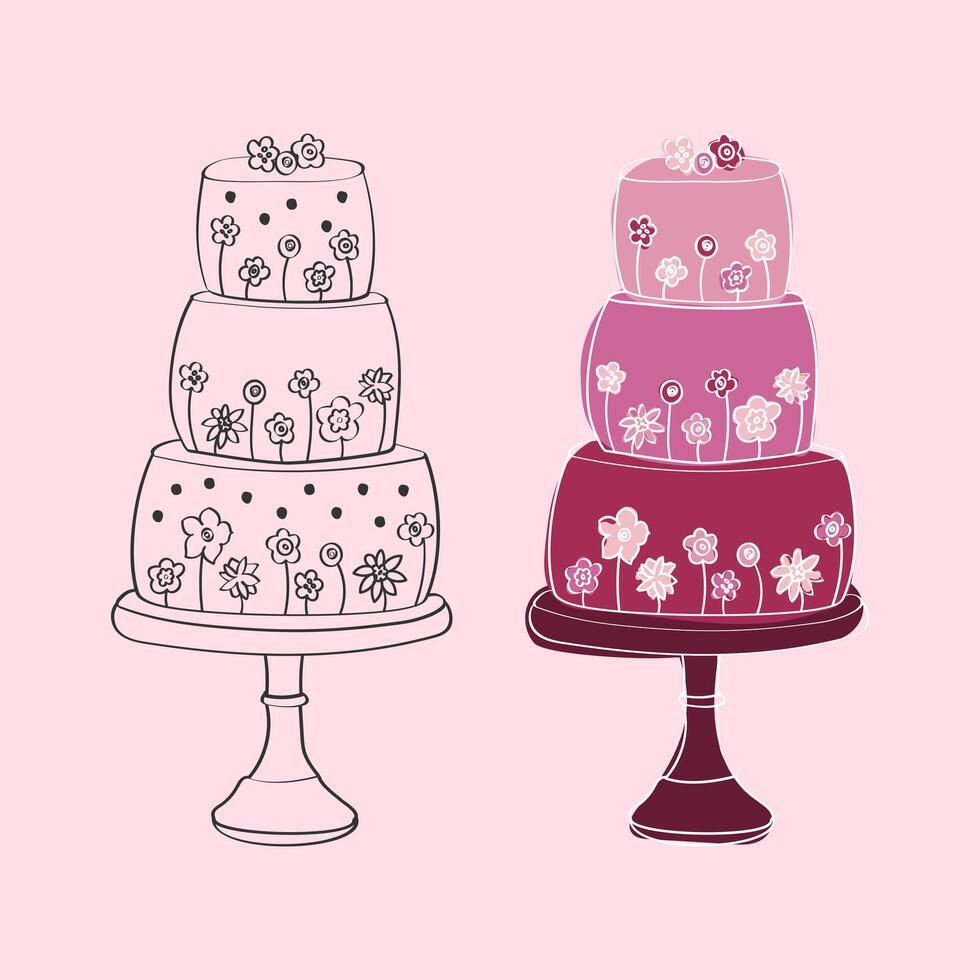 A detailed drawing of a three-tiered cake with intricate decorations, showcasing layers of frosting, flowers, and ribbons. The cake is elegantly displayed on a platter vector