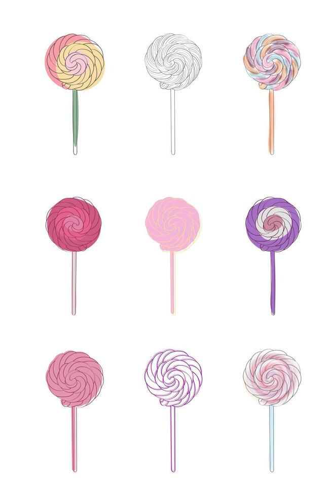 Colorful lollipops stacked on top of each other, form a sweet and colorful display. The various flavors and designs of the candies create an eye-catching arrangement vector