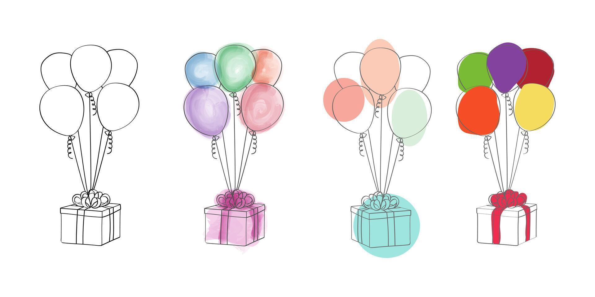 A collection of colorful balloons floating in the air, each tied to a small gift box. The balloons are varying in size and colors, creating a festive and celebratory atmosphere vector