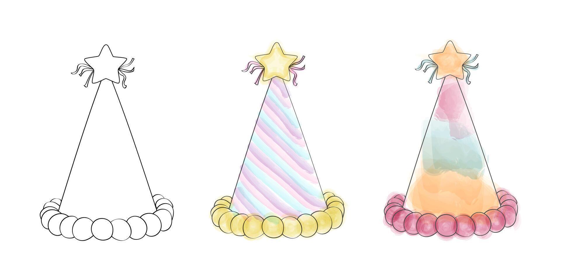 Three colorful birthday hats with star decorations on top are arranged neatly in a row, ready for a festive celebration vector