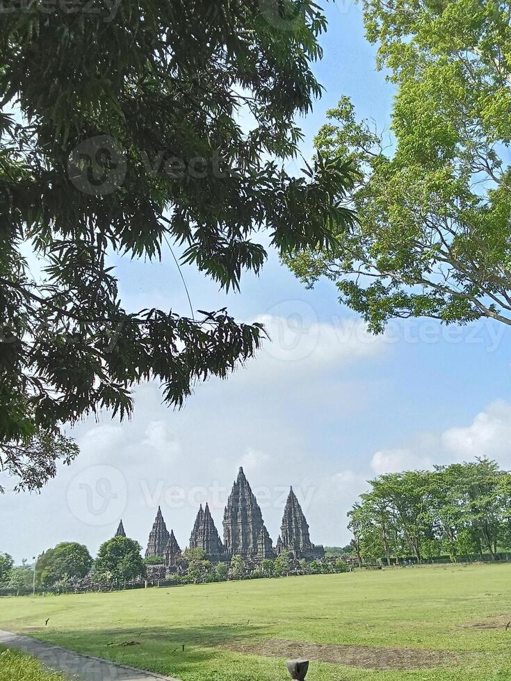 Prambanan temple courtyard with trees in Indonesia photo