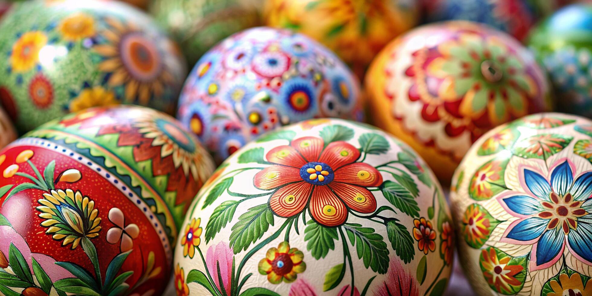 Closeup much of beautifully painted easter eggs, beautiful floral pattern easter eggs photo