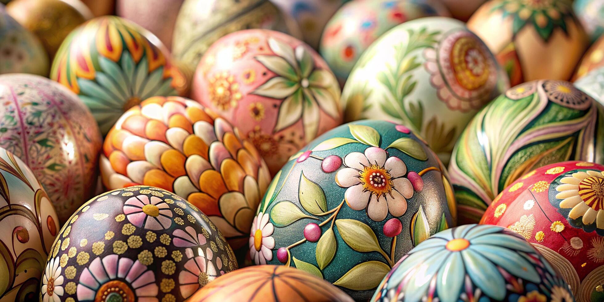 Closeup much of beautifully painted easter eggs, beautiful floral pattern easter eggs photo