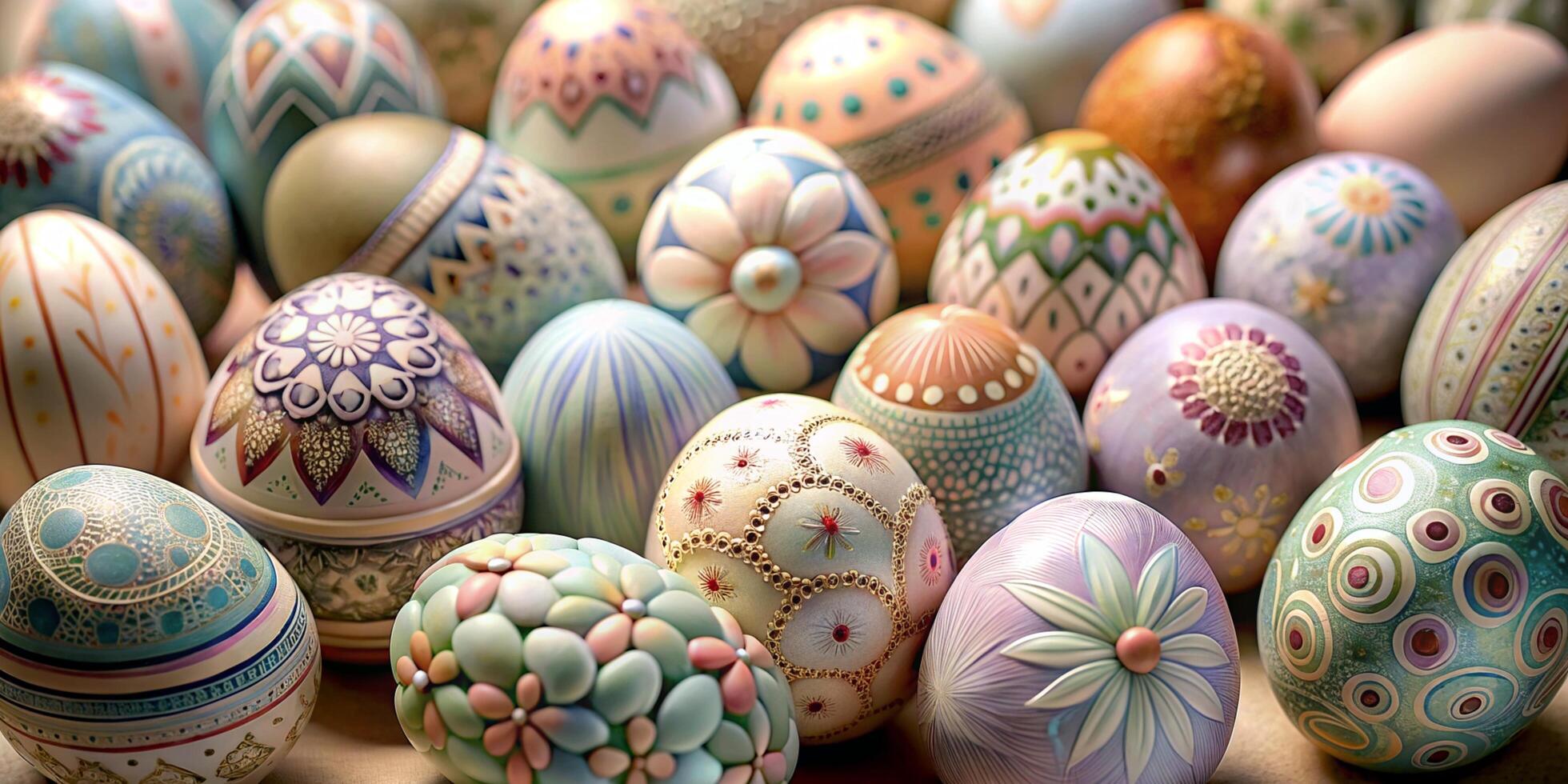 Closeup much of beautifully painted easter eggs, beautiful floral pattern easter eggs photo