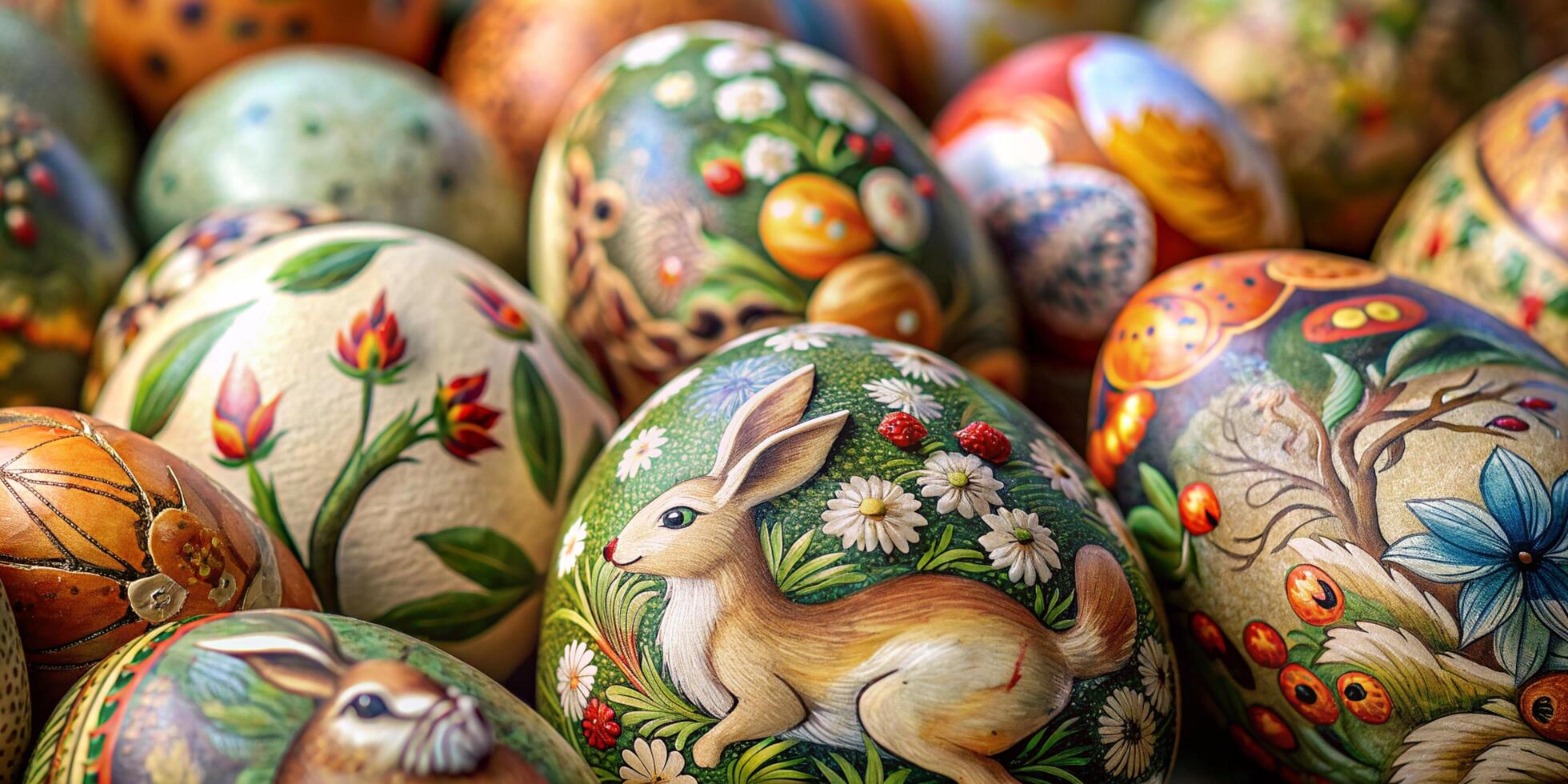 Closeup much of beautifully painted easter eggs, beautiful floral and fauna pattern easter eggs photo