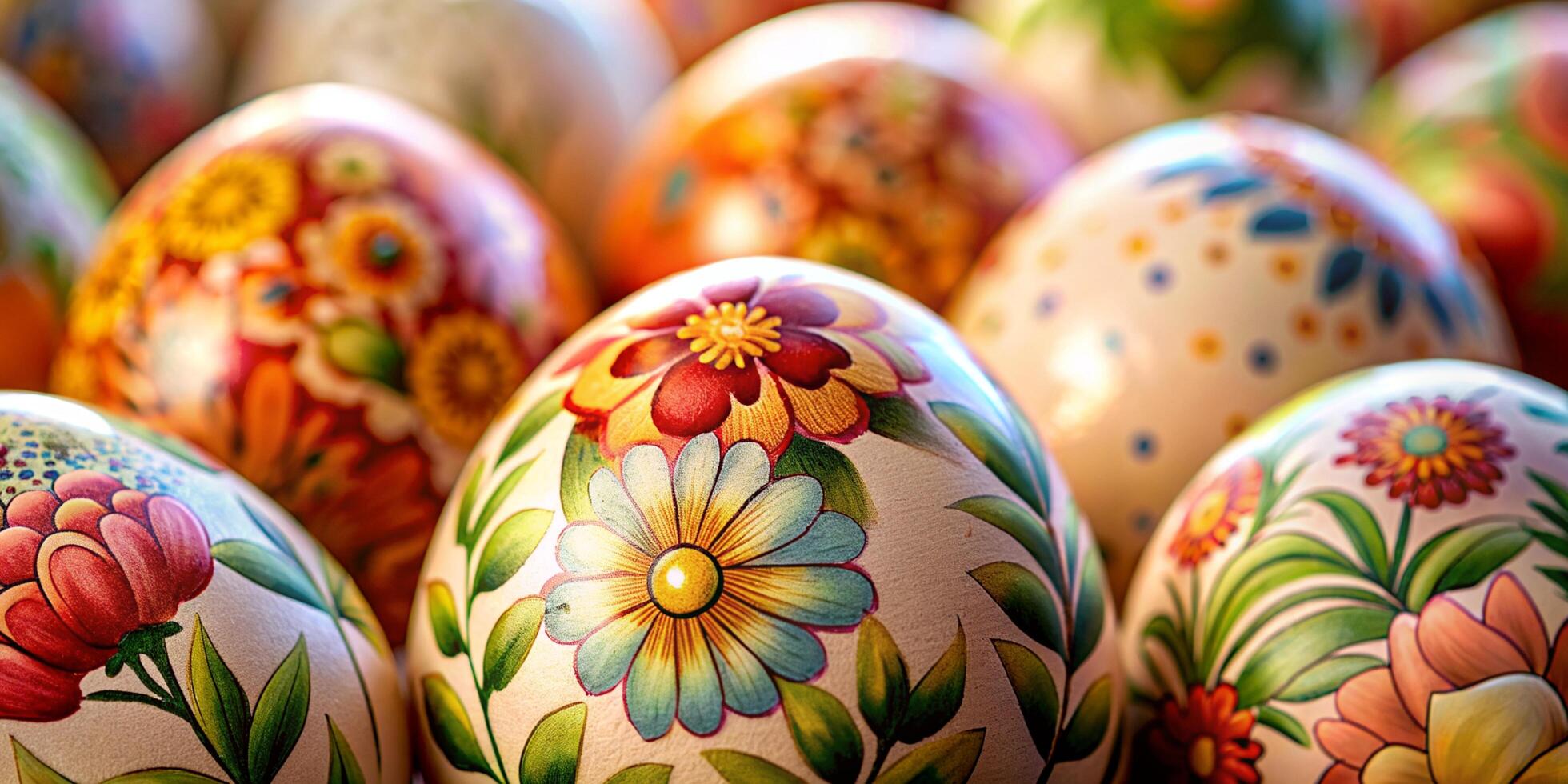 de cerca mucho de hermosamente pintado Pascua de Resurrección huevos, hermosa floral modelo Pascua de Resurrección huevos foto