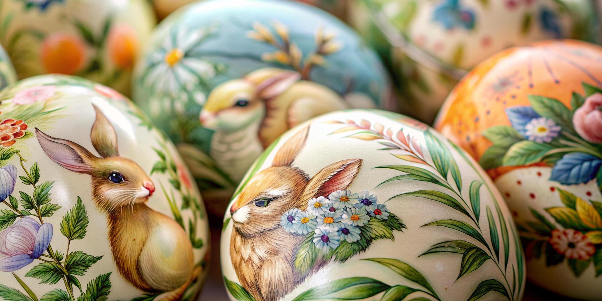 Closeup much of beautifully painted easter eggs, beautiful floral and fauna pattern easter eggs photo