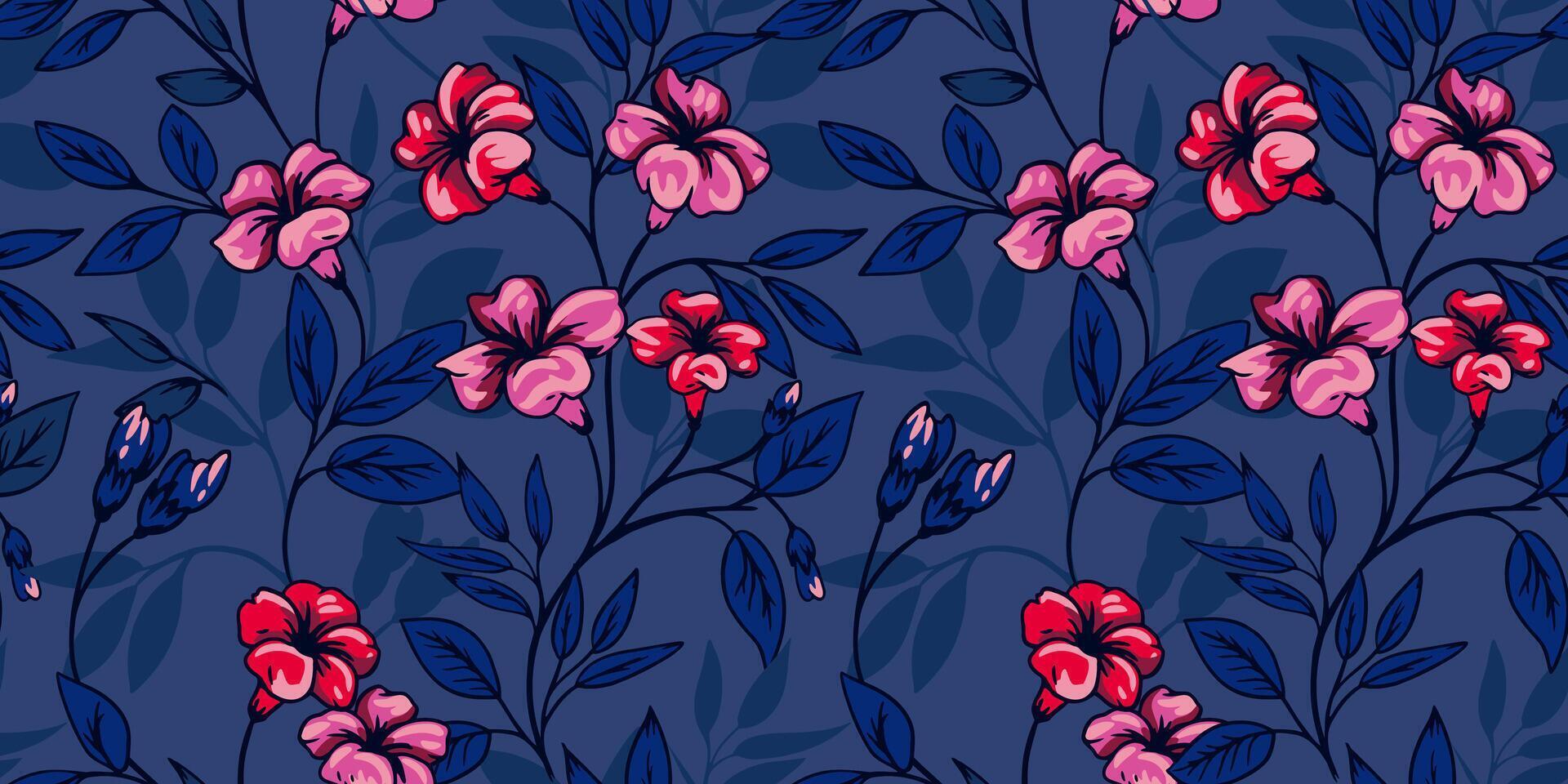 Blooming seamless pattern with artistic, abstract branches ditsy flowers and leaves. Dark blue print with hand drawn creative wild floral stems. Template for designs, fabric, fashion, textile vector