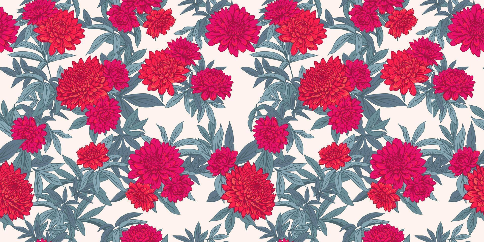 Artistic abstract tropical leaves branches and blooming red floral seamless pattern. Summer background with flowers dahlias, peonies, chrysanthemums, leaf stems. hand drawn illustration. vector
