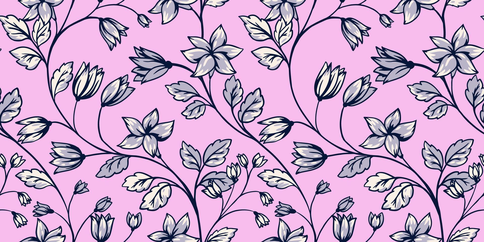 Seamless intertwined creative floral stems pattern. hand drawn. Abstract artistic tiny bells flowers, buds and leaves ornament on a pink background. Template for design, textile vector