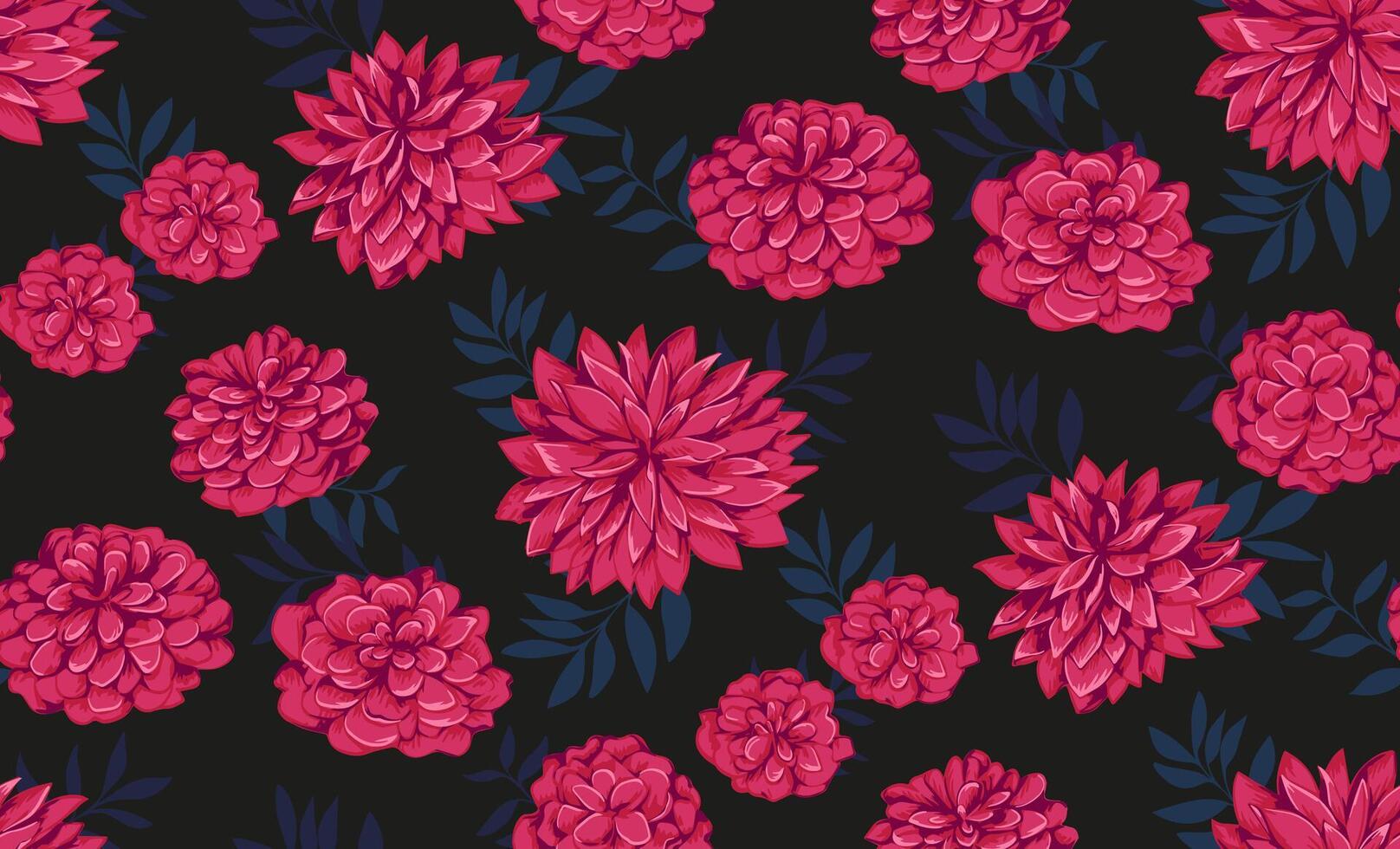 Seamless pattern with red artistic, abstract flowers and shapes leaves on a dark black background. hand drawn. Stylized peonies, dahlias, chrysanthemums patterned. Template for design, print vector