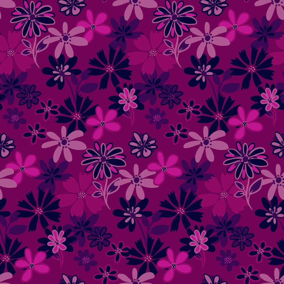 Seamless pattern with simple shapes creative flowers. hand drawn sketch doodle. Abstract burgundy background with ditsy floral printing. Template for designs, notebook cover, childish textiles vector