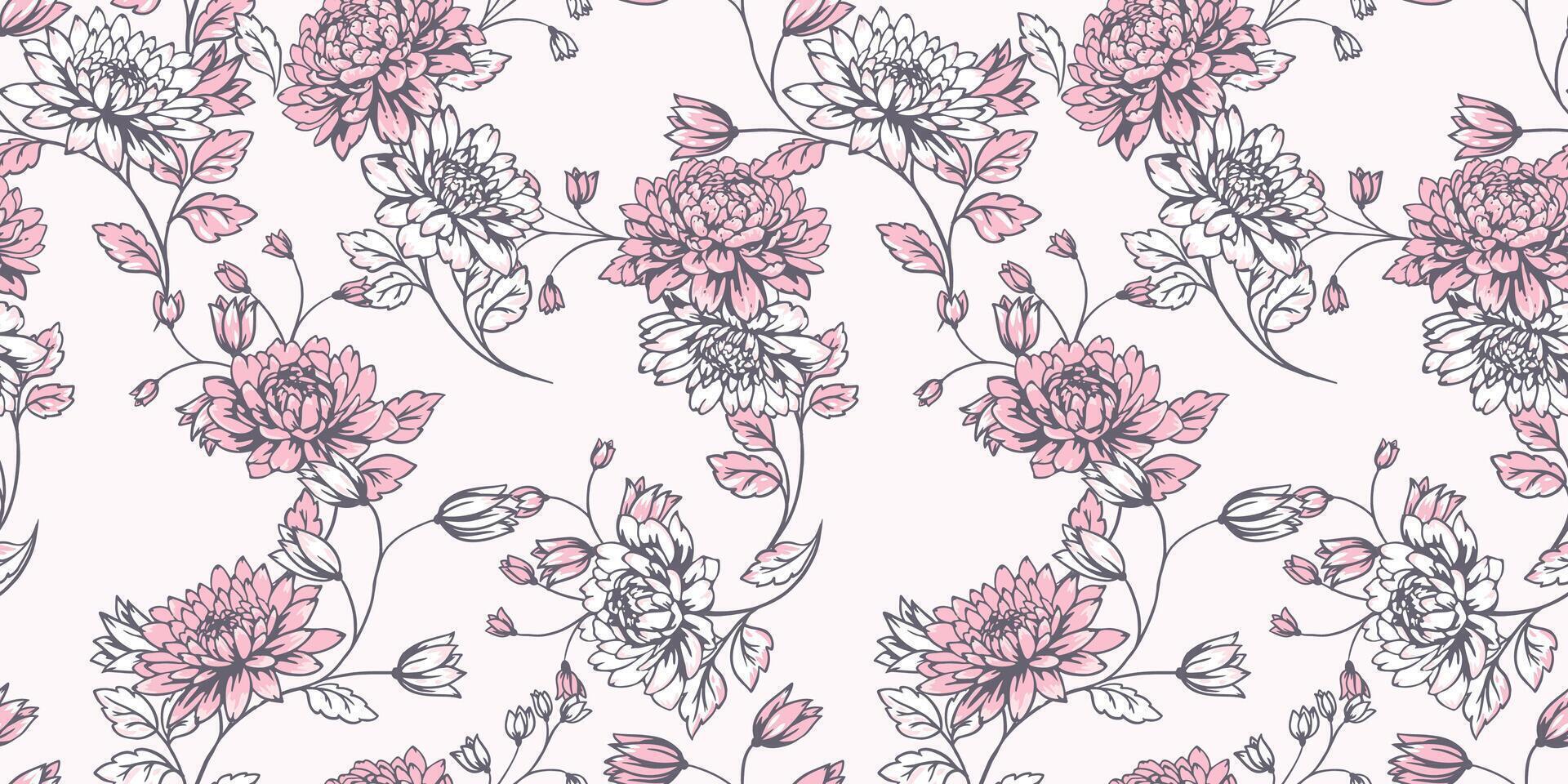 Blooming gently branches with flowers dahlias, peonies and leaves seamless pattern. hand drawn. Monotone pink pastel abstract artistic floral stems print. Template for design, fabric, textile vector