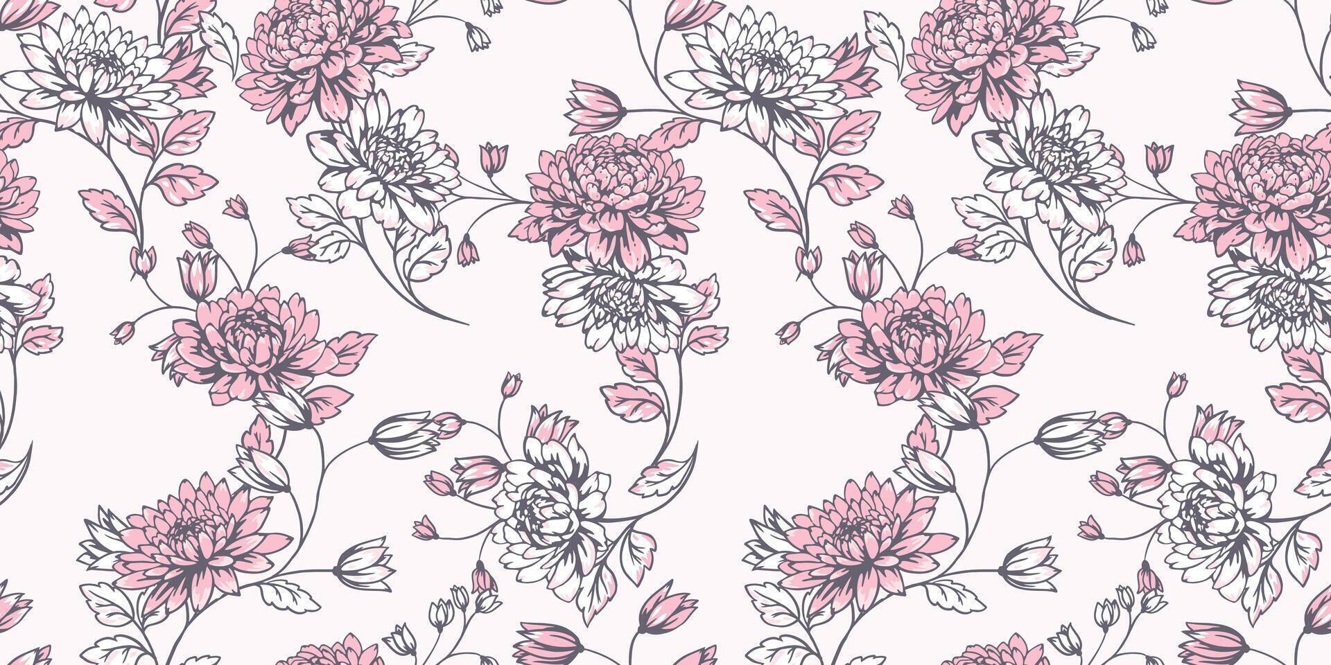 floreciente suavemente ramas con flores dalias, peonías y hojas sin costura modelo. mano dibujado. monótono rosado pastel resumen artístico floral tallos impresión. modelo para diseño, tela, textil vector