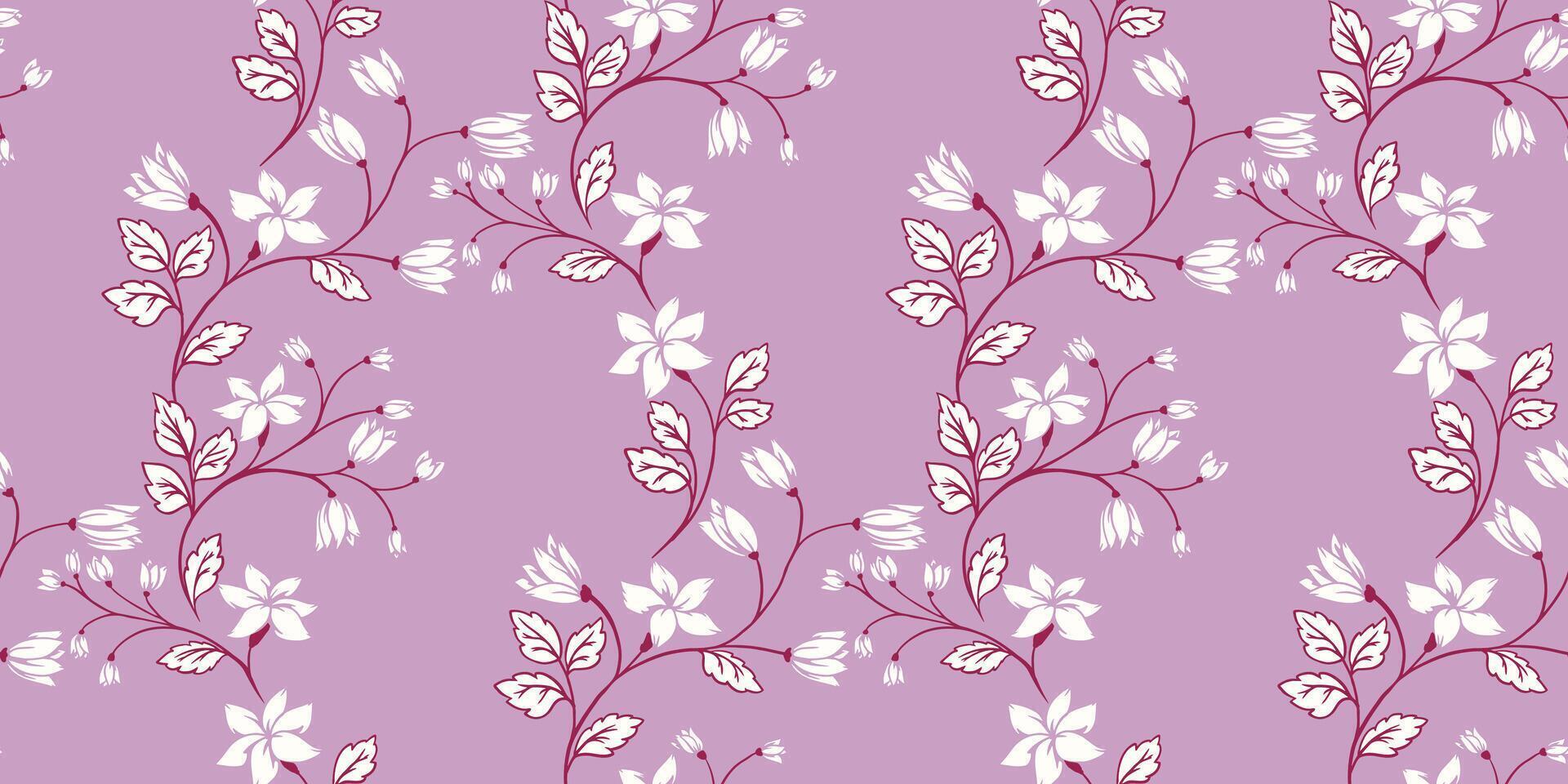 Simple branches with creative wild flowers and tiny leaves seamless pattern. Artistic abstract gently floral stems pastel purple print. hand drawn sketch. Template for design, fabric, fashion vector